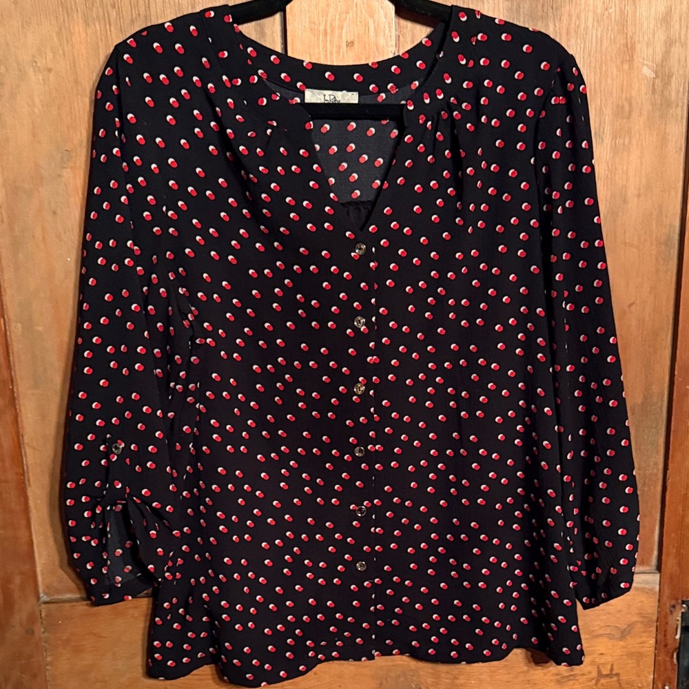 Elegant Ivy Ridge Black Button Front Blouse with Red & White Dots